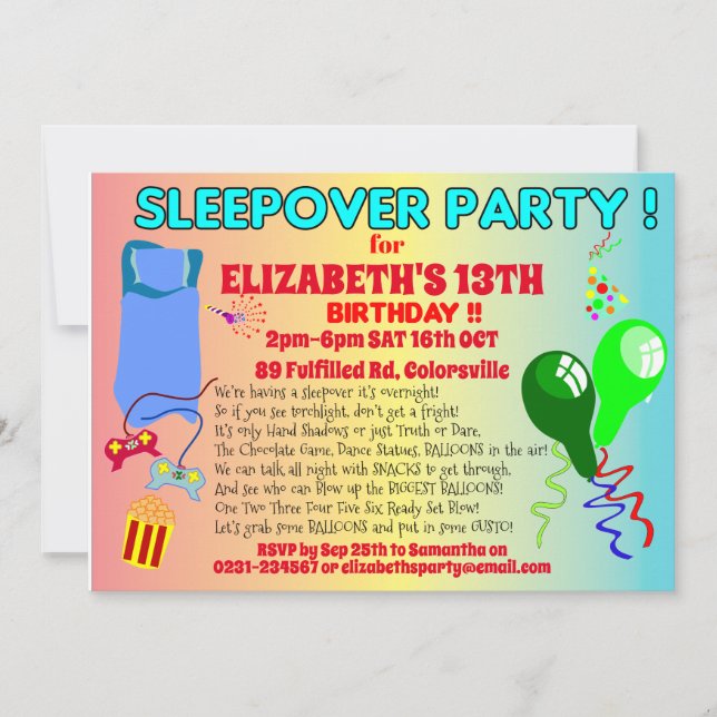 Kids SLEEPOVER Party Invitation - customizable (Front)