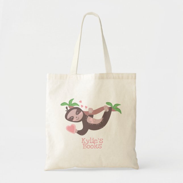 Kids Sloth Hearts Clouds Library Book  Tote Bag (Front)
