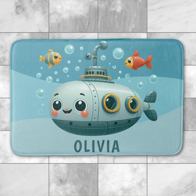 Kids Smiling Cute Submarine with Fish and Bubbles Bath Mat (Creator Uploaded)