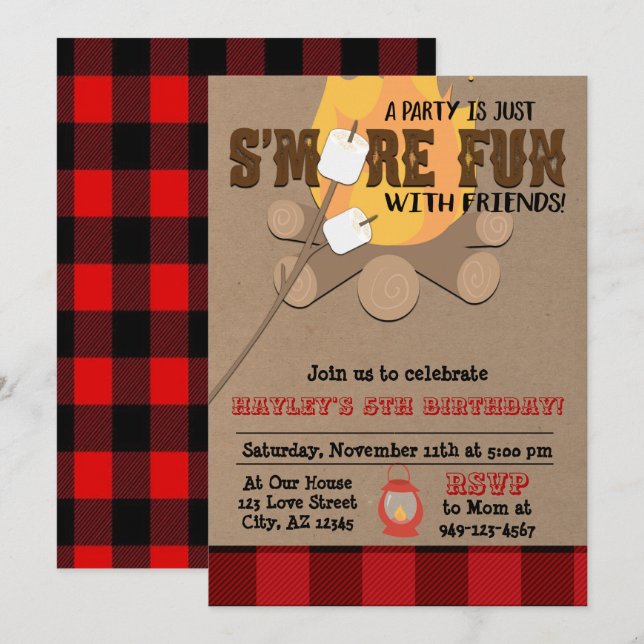 Kids S'more fun with friends camp fire plaid Invitation (Front/Back)