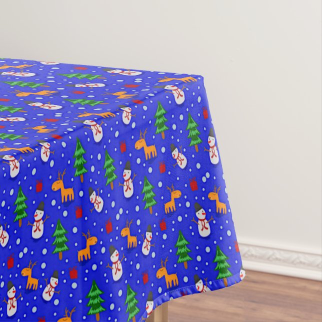 Kids Snowmen Reindeer Christmas Trees Blue Red  Tablecloth (In Situ)