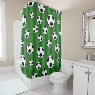 Kids Soccer Ball Pattern on Green Stripes Bathroom