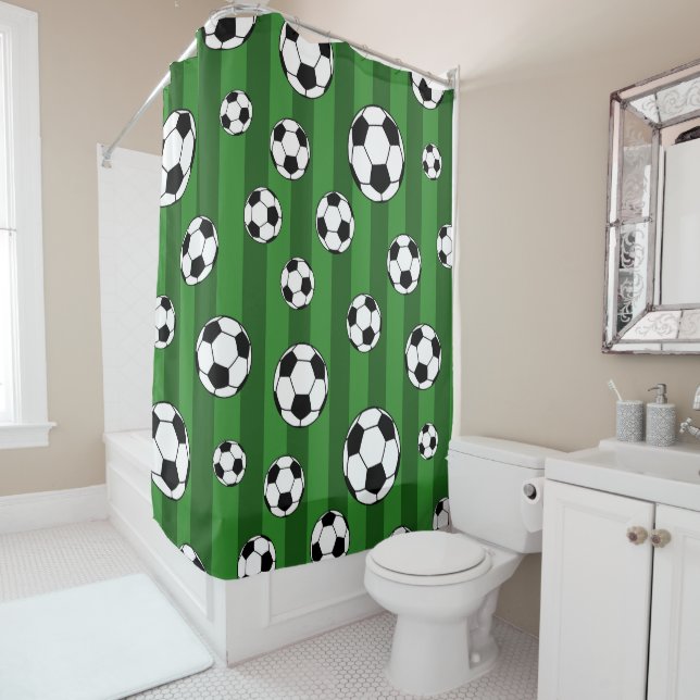 Kids Soccer Ball Pattern on Green Stripes Bathroom (In Situ)