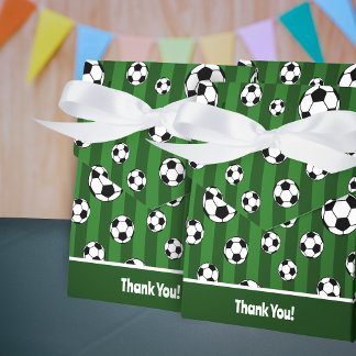 Kids Soccer Ball Pattern on Green Stripes Birthday Favor Box