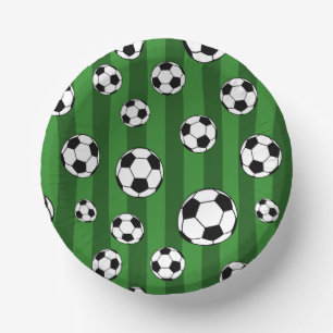 Kids Soccer Ball Pattern on Green Stripes Birthday Paper Plate