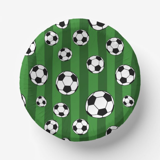 Kids Soccer Ball Pattern on Green Stripes Birthday Paper Plate (Front)