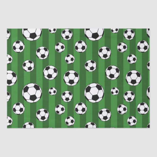 Kids Soccer Ball Pattern on Green Stripes Birthday Tissue Paper (Front)