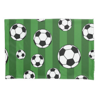 Kids Soccer Ball Pattern on Green Stripes Pillowcase