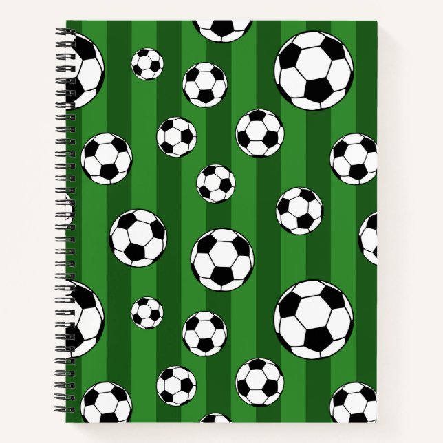Kids Soccer Ball Pattern on Green Stripes School Notebook (Front)