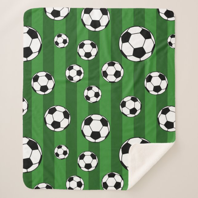 Kids Soccer Ball Pattern on Green Stripes Sherpa Blanket (Front)