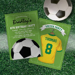 Kids Soccer Birthday Party | Brazil Jersey Invitation<br><div class="desc">Soccer theme birthday party invitations featuring a green football pitch background,  a yellow green sports shirt with your name and number,  a soccer ball,  and a modern party template.</div>