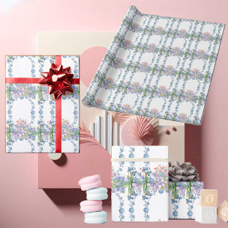 Kids Soft Pastel Blue Blooms Oval Floral Birthday Wrapping Paper