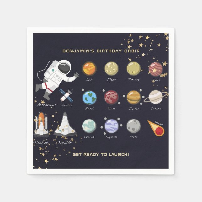 Kids Solar System Astronaut Monogram Birthday  Napkin (Front)