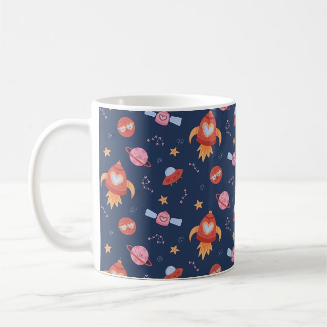 Kids Space Pattern with Rockets & Planets Coffee Mug (Left)
