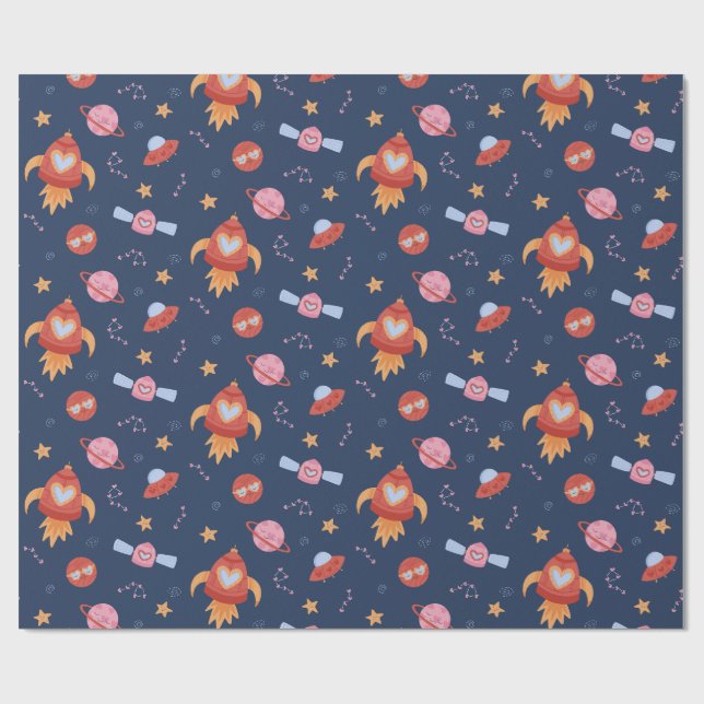 Kids Space Pattern with Rockets & Planets Wrapping Paper (Flat)