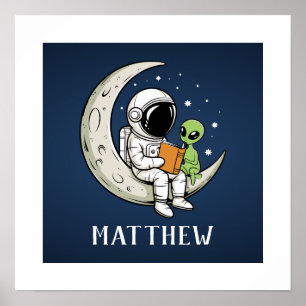 Kid's Space Reading Astronaut and Alien on Moon Poster