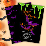 Kids Spooky Halloween Birthday Party Invitation<br><div class="desc">Are you searching for a fun spooky Halloween birthday party invitation that will give your guests goosebumps? Look no further than this invitation featuring green slime and purple bats on a black backdrop. Use the design tools to personalize the text,  font and colours. Also available as digital download.</div>