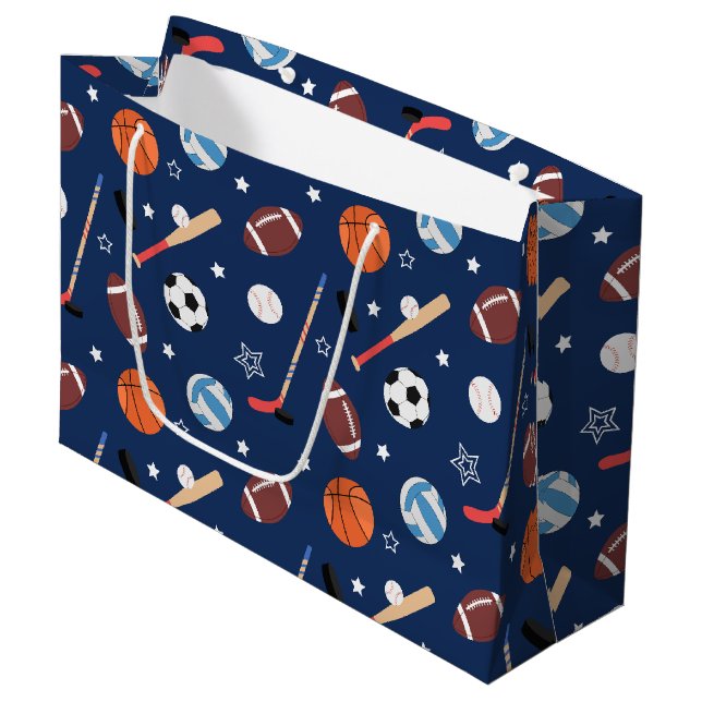 Kids Sports Equipment Pattern on Blue Birthday Large Gift Bag (Front Angled)