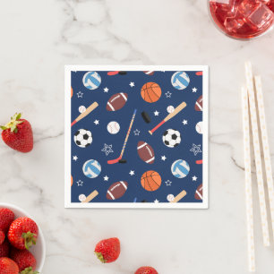 Kids Sports Equipment Pattern on Blue Birthday Napkin