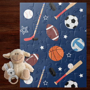 Kids Sports Equipment Pattern on Blue Oversized Jigsaw Puzzle
