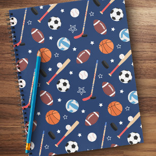 Kids Sports Equipment Pattern on Blue School Notebook