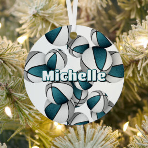 kids sports keepsakes teal grey basketballs metal ornament