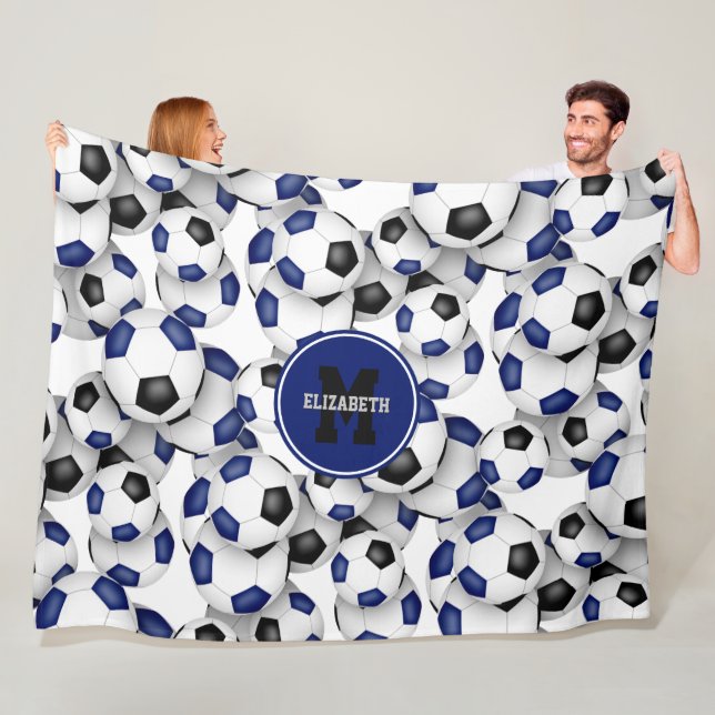 kids sports room blue black soccer team colours  fleece blanket (In Situ)