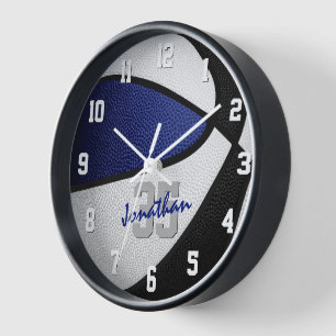 Kids sporty blue black basketball room decor clock