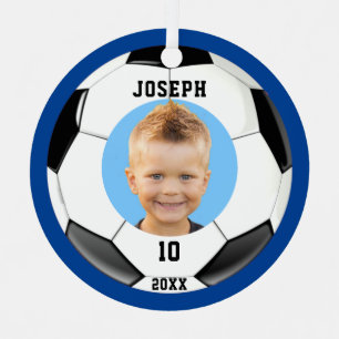 Kids Sporty Blue Photo Soccer Metal Ornament