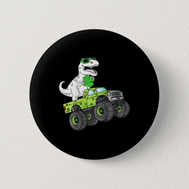 Kids St Patricks Day T Rex Riding Monster Truck Di 2 Inch Round Button (Front)