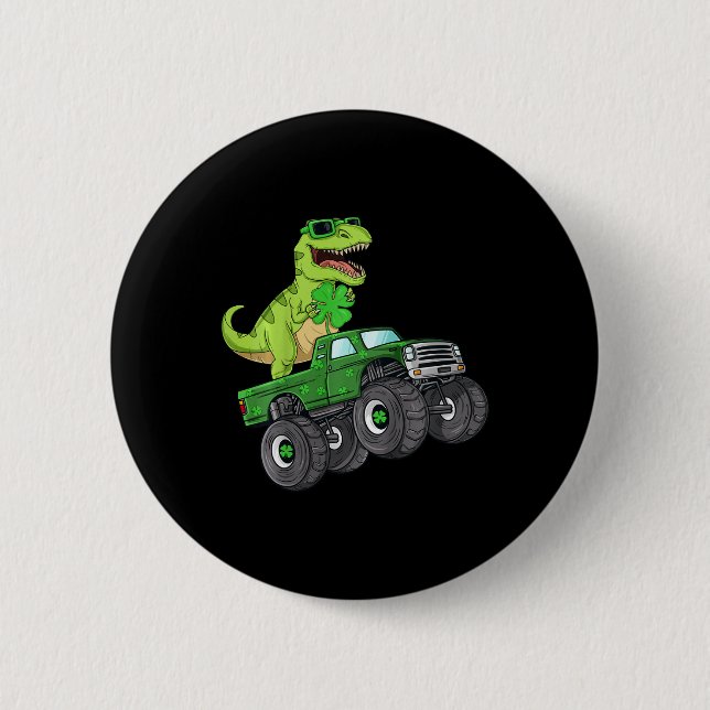 Kids St Patricks Day T Rex Riding Monster Truck Di 2 Inch Round Button (Front)