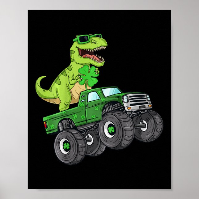 Kids St Patricks Day T Rex Riding Monster Truck Di Poster (Front)