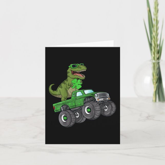 Kids St Patricks Day T Rex Riding Monster Truck To Card (Front)