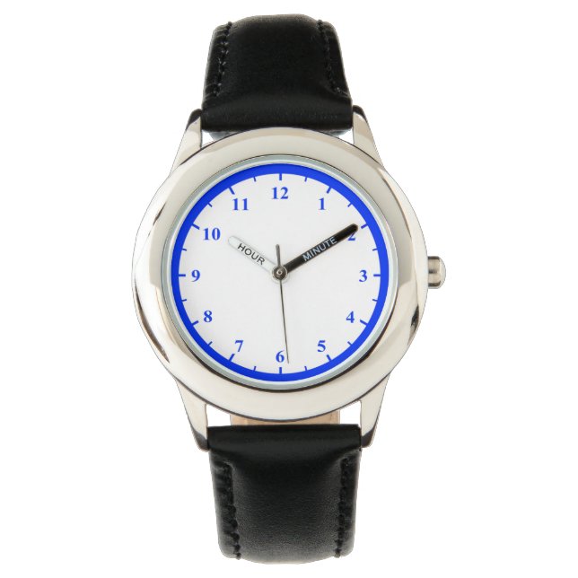 Kid's Stainless Steel Watch Black Leather Strap (Front)