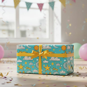 Kids' Starry Night Sky Clouds and Moons Wrapping Paper