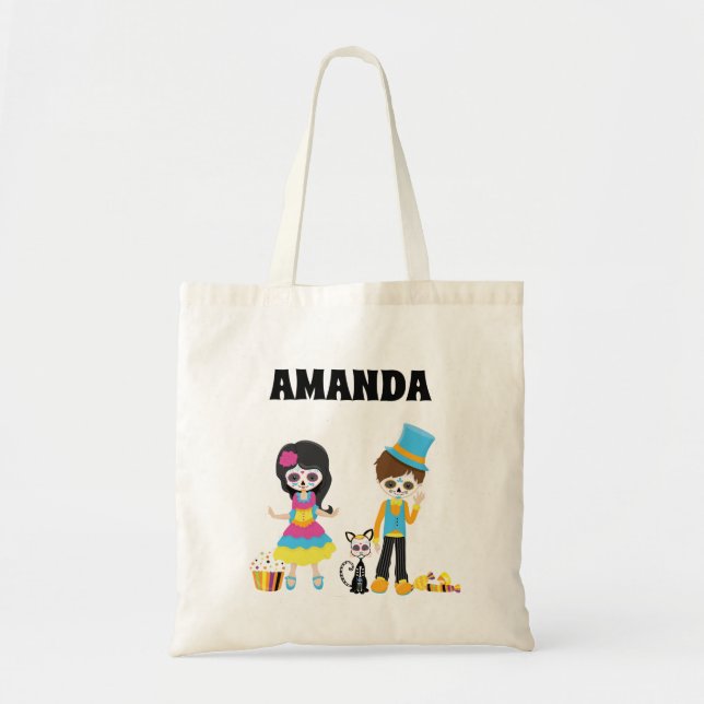 Kid's Sugar Skull Personalized Halloween trick  Tote Bag (Front)