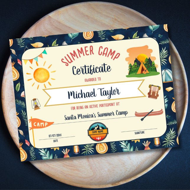 Kids Summer Camp Achievement Certificate (colorful summer camp certificate with sun, tent, flag, mountains....)
