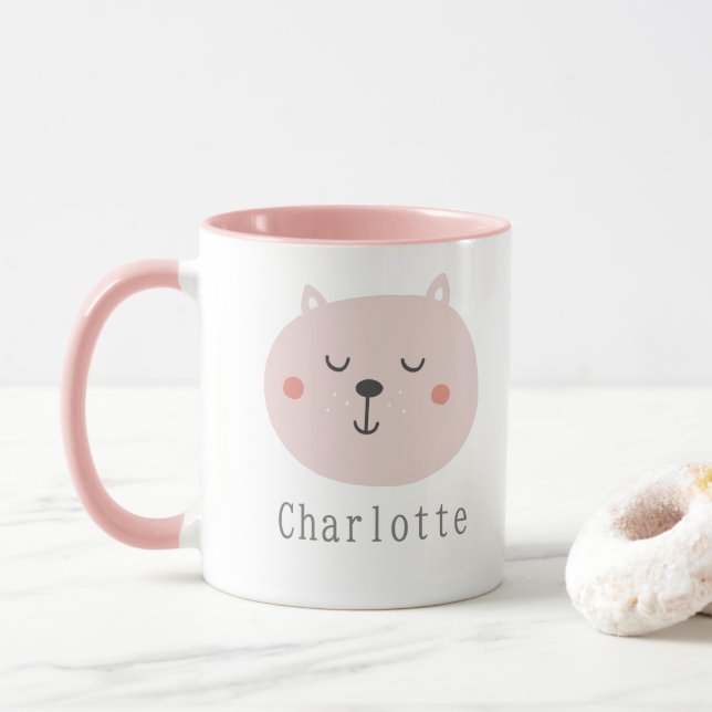 Kids super cute two tone Pink Kitten Custom Name   Mug (With Donut)