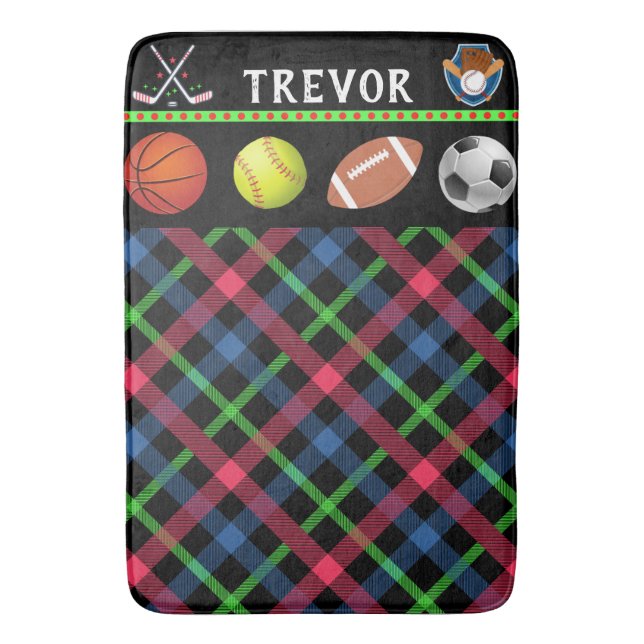 Kids Super Sports Tartan Personalized   Bath Mat (Front Vertical)