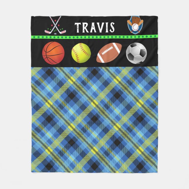 Kids Super Sports Tartan Personalized  Fleece Blan Blanket (Front)