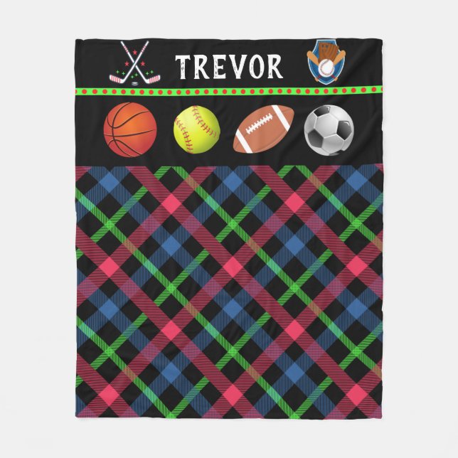 Kids Super Sports Tartan Personalized  Fleece Blanket (Front)