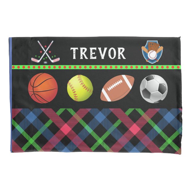 Kids Super Sports Tartan Personalized  Pillowcase (Front)