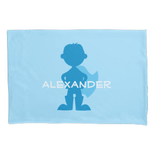 Kids Superhero Boy Silhouette Personalized Blue Pillowcase