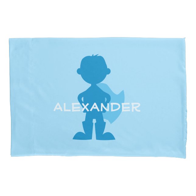 Kids Superhero Boy Silhouette Personalized Blue Pillowcase (Front)