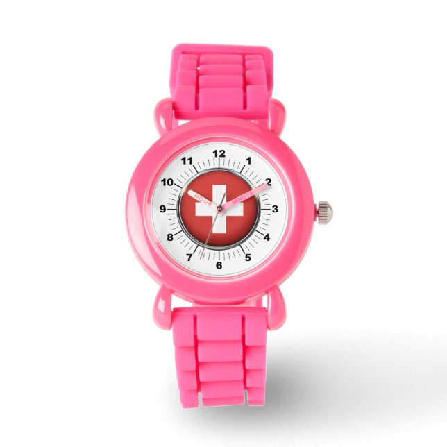 Kid's Switzerland Flag Pink Glitter Strap Watch (Front)