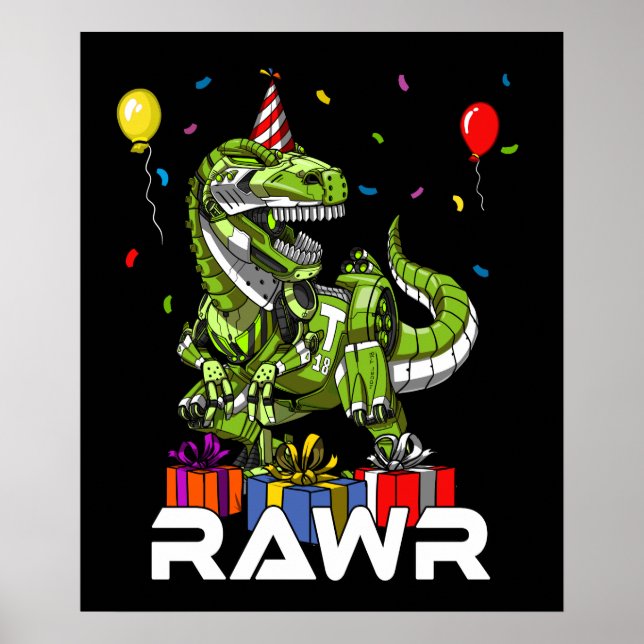 Kids T-Rex Dinosaur Robot Rawr Birthday Boy Party Poster (Front)