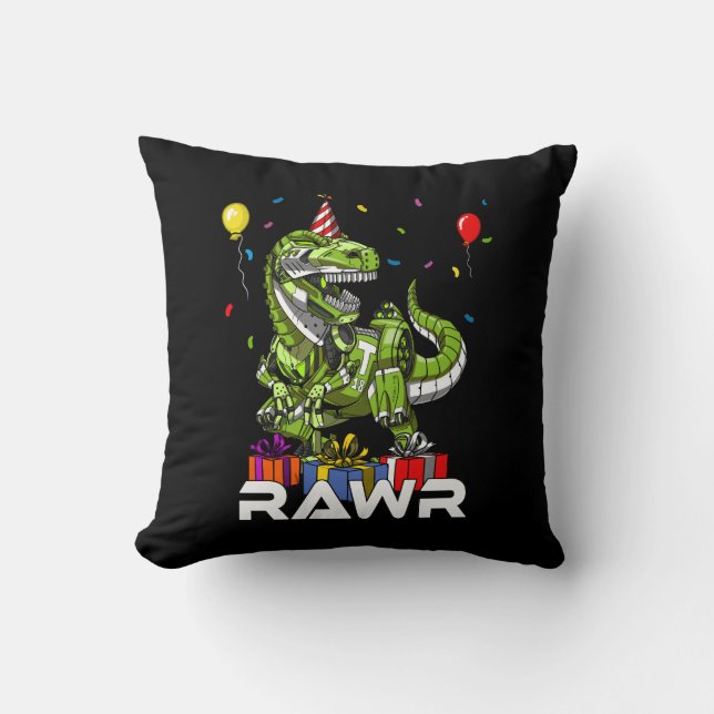 Kids T-Rex Dinosaur Robot Rawr Birthday Boy Party Throw Pillow (Front)