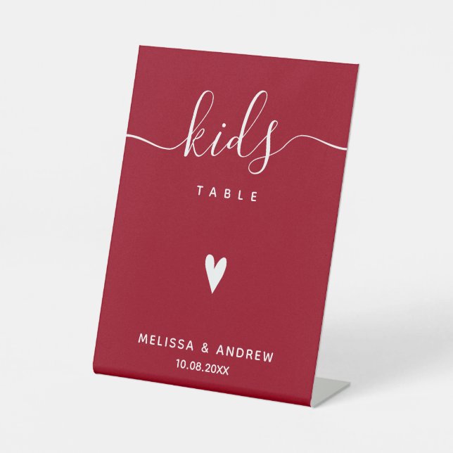 Kids Table - Elegant Calligraphy Red Wedding Pedestal Sign (Front)