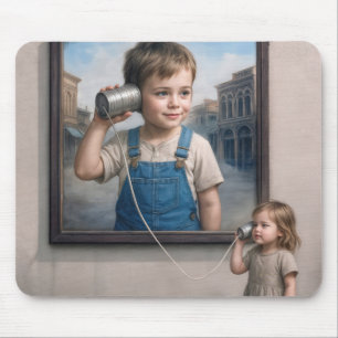 Kids Talking On a Retro Tin Can Telephone Mouse Pad