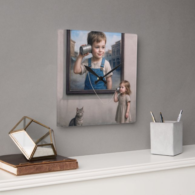Kids Talking On a Retro Tin Can Telephone Square Wall Clock (Office)